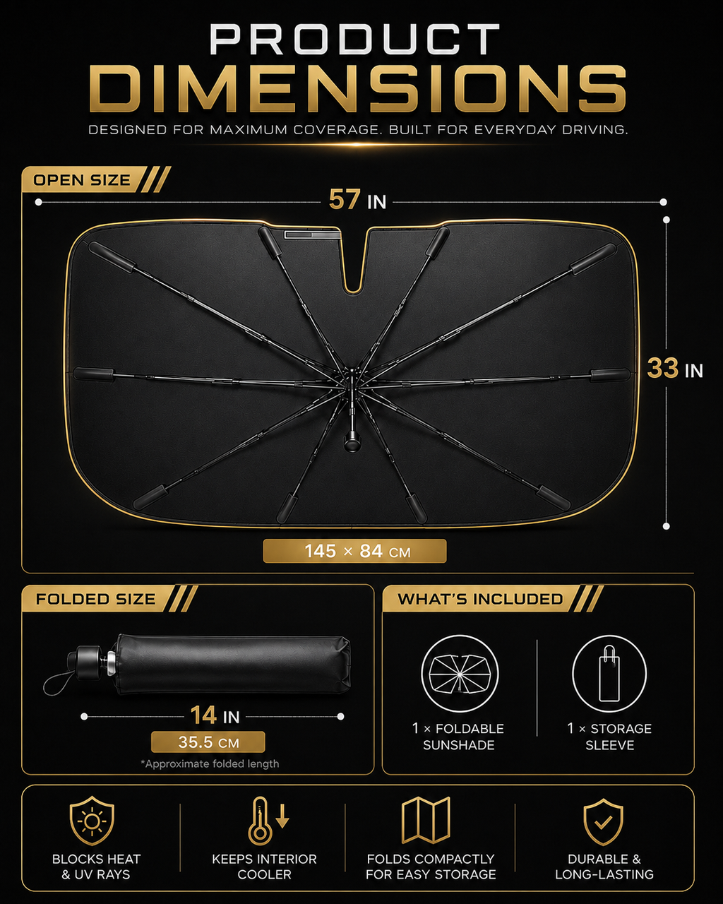 Dimensions diagram: 57 by 33 inches open (145 by 84 centimeters), about 14 inches folded, includes sunshade and storage sleeve