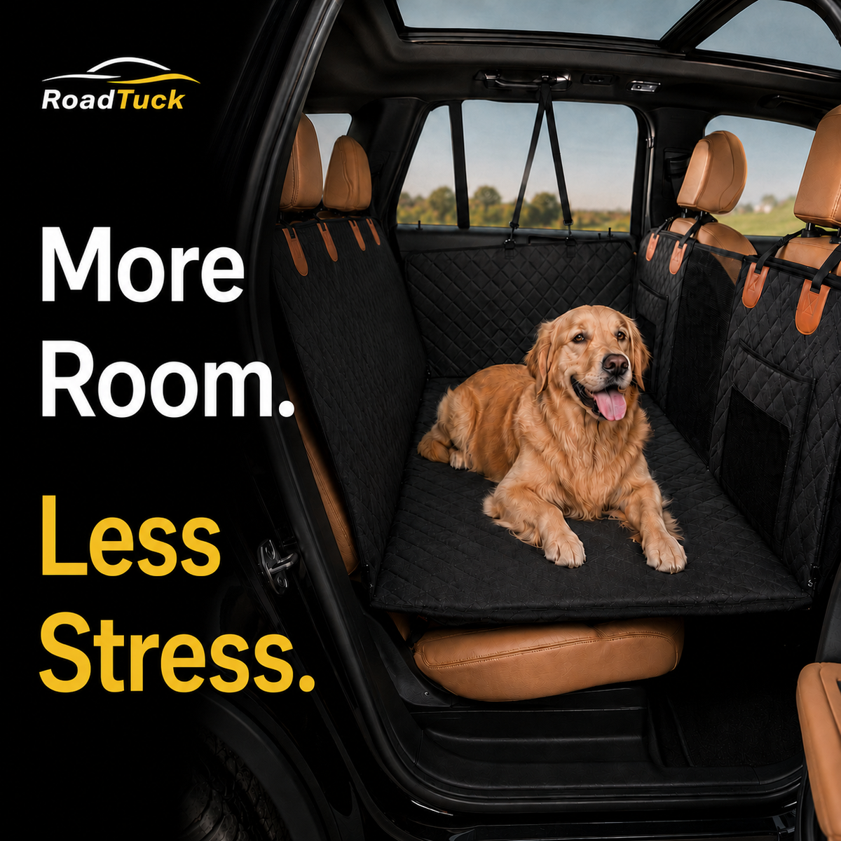 Golden retriever relaxing on RoadTuck SeatSpan across the back seat