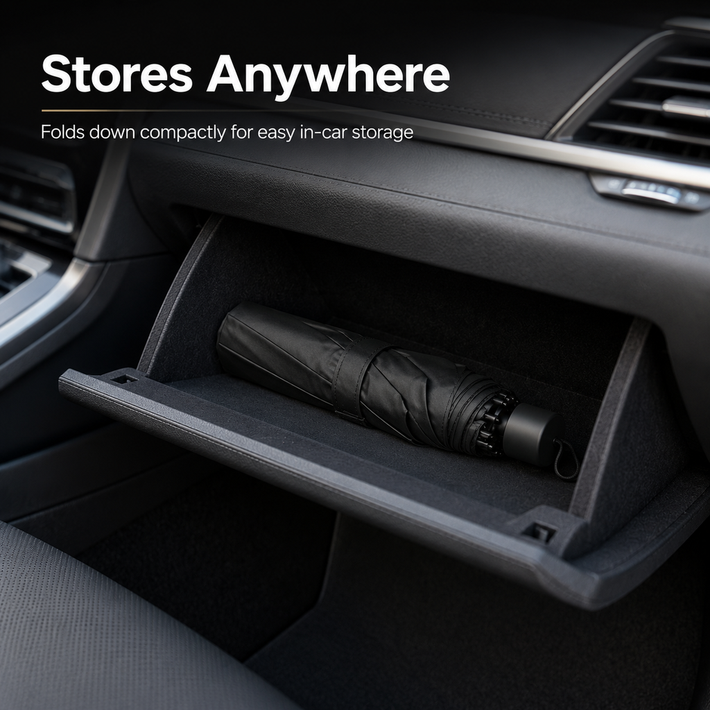 Folded QuickShade with its storage sleeve inside an open glovebox