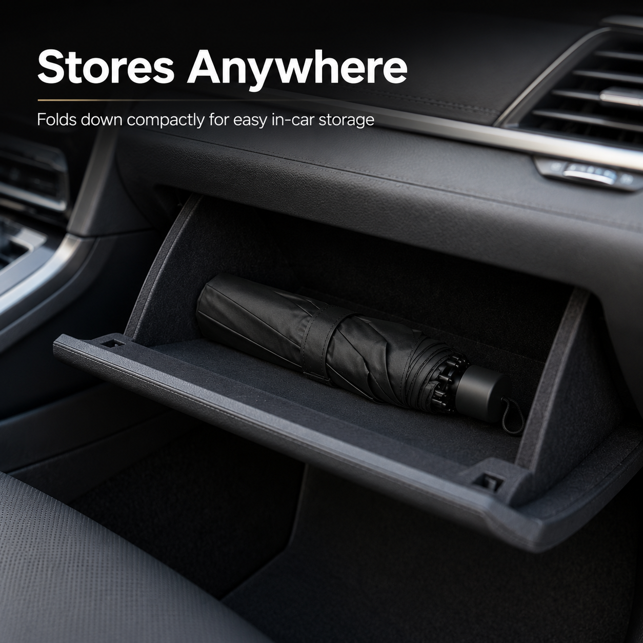 Folded QuickShade with its storage sleeve inside an open glovebox