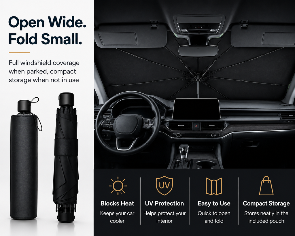 QuickShade folded in its sleeve, rolled up, and fully open against a windshield — full coverage parked, compact storage in use