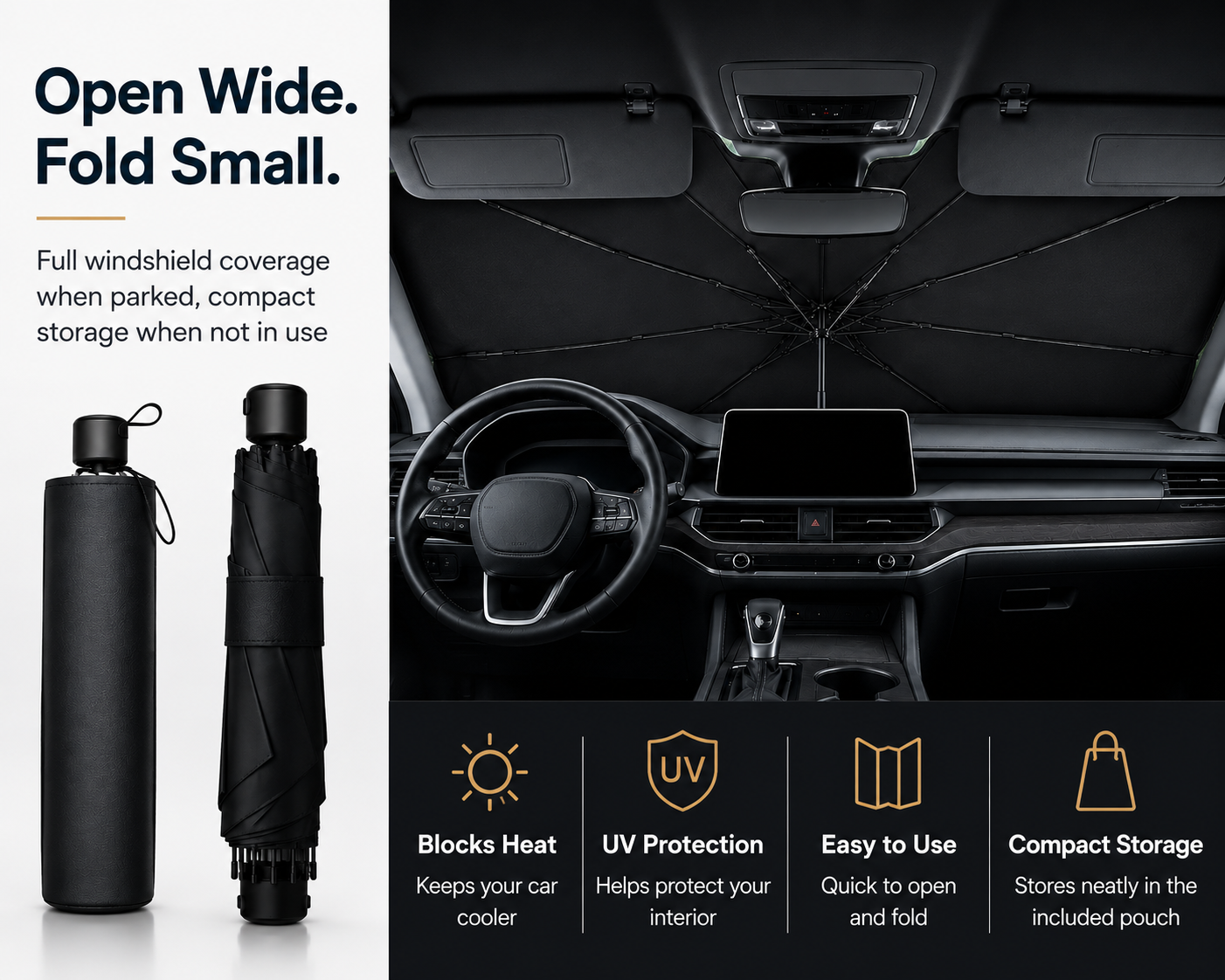 QuickShade folded in its sleeve, rolled up, and fully open against a windshield — full coverage parked, compact storage in use