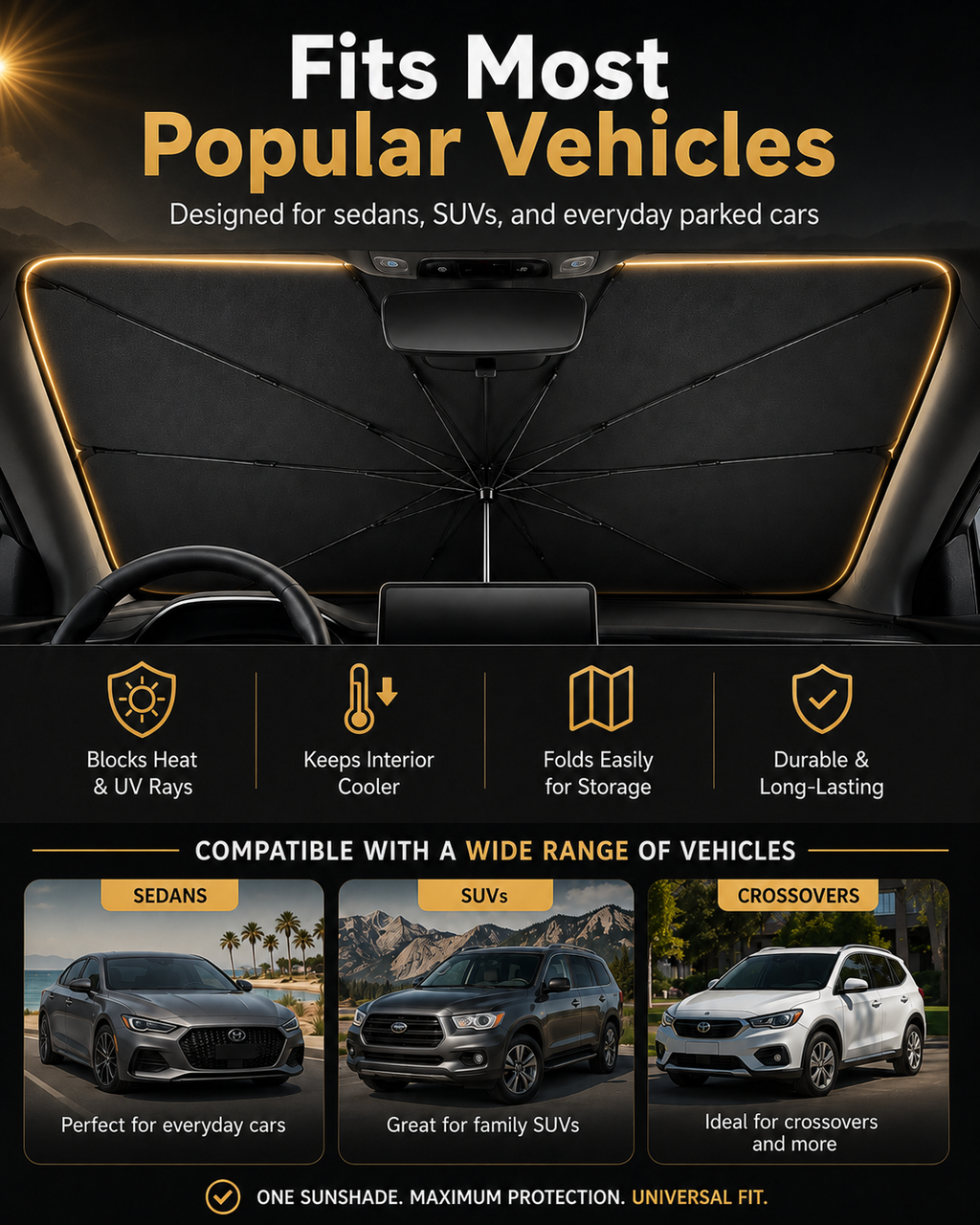 QuickShade shown installed on a windshield, designed to fit most popular vehicles including sedans, SUVs and crossovers
