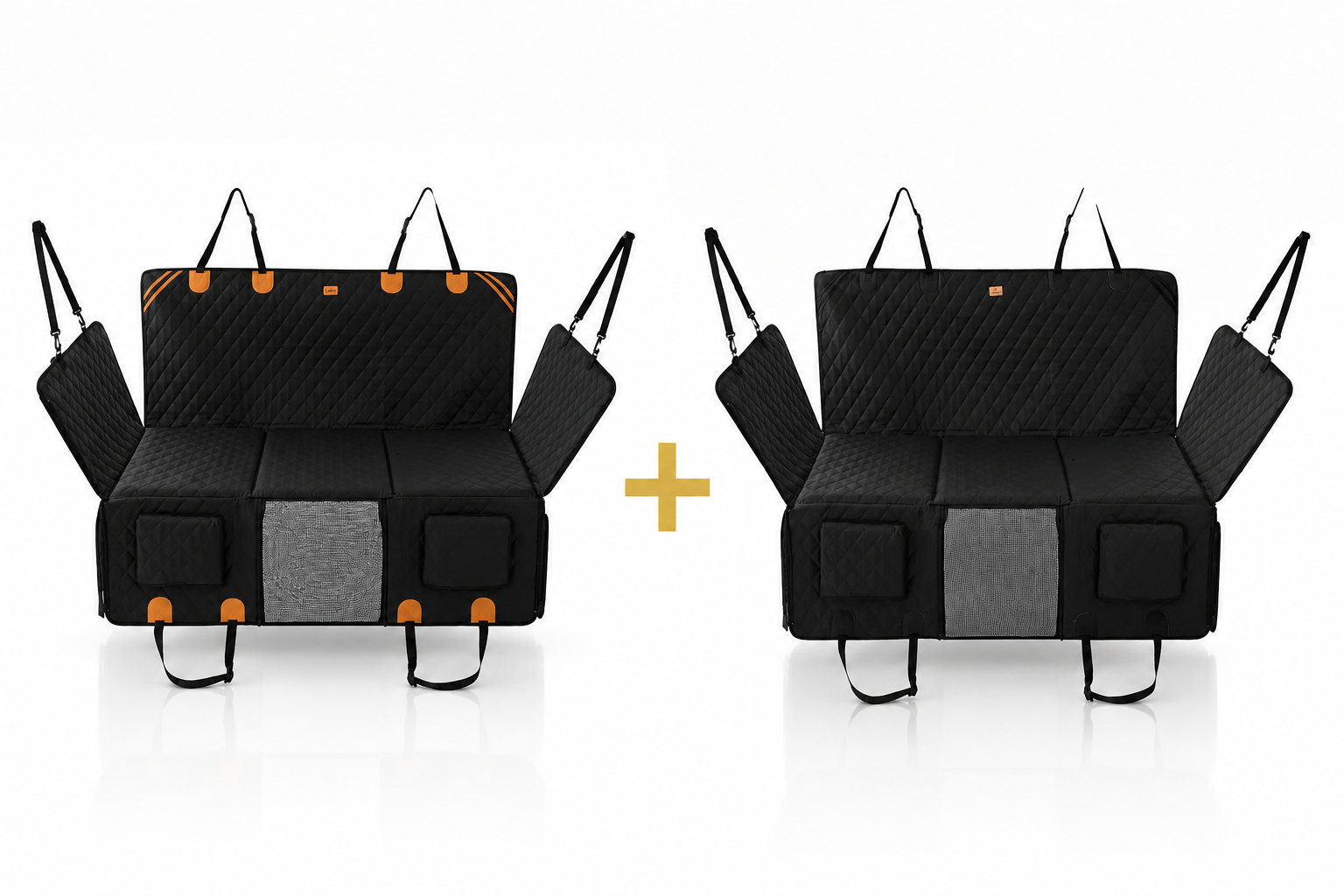 Two RoadTuck SeatSpan dog backseat extenders side by side, one black with orange trim and one all black, the one of each bundle