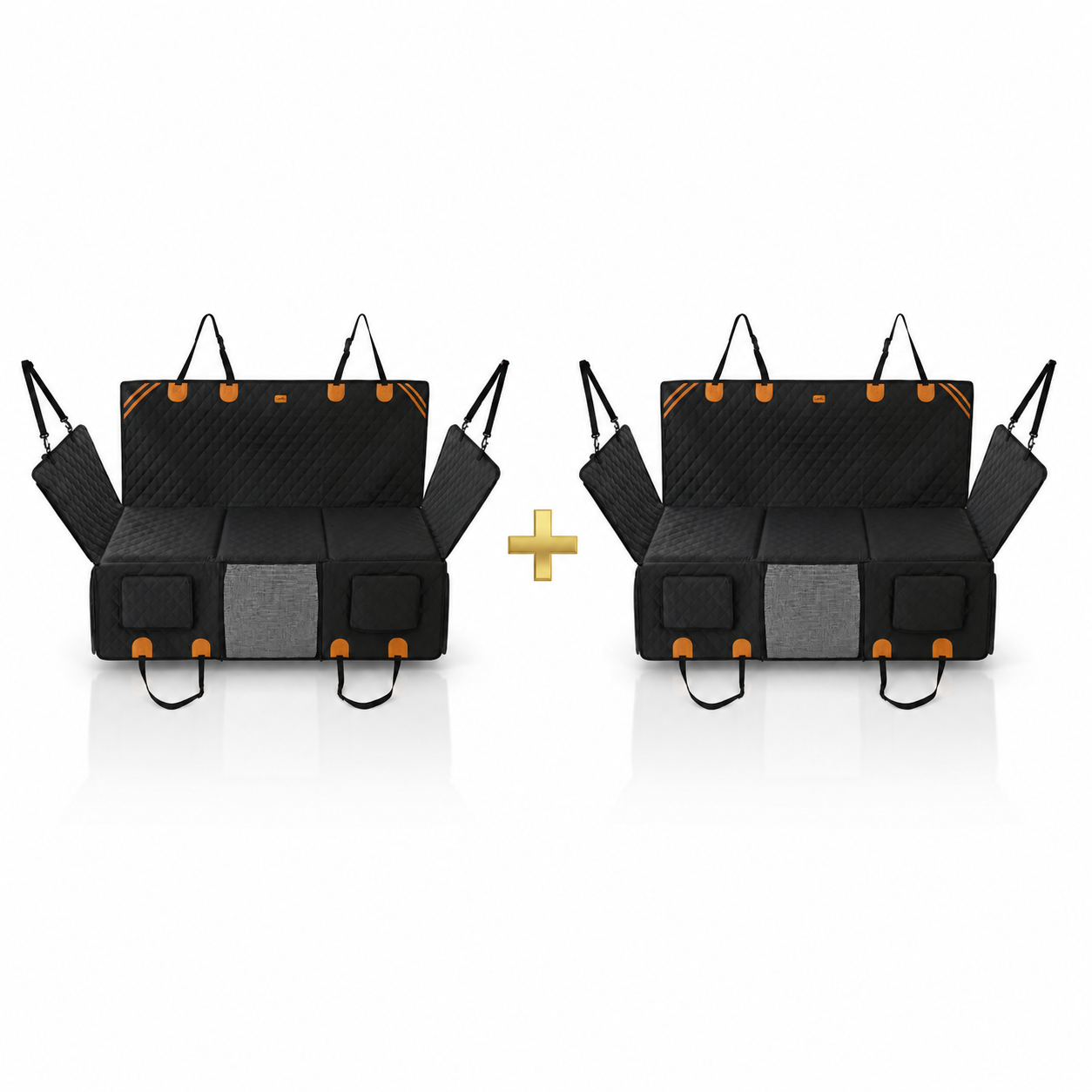 Two RoadTuck SeatSpan dog backseat extenders in black with orange trim, the two-car family bundle