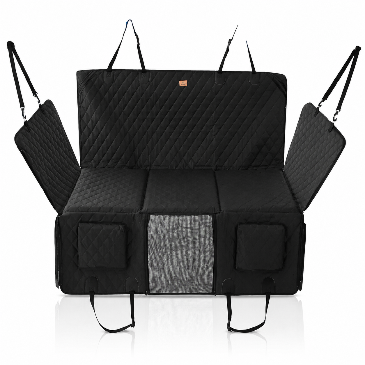 RoadTuck SeatSpan dog backseat extender in all black, hard bottom platform extended across the rear footwell