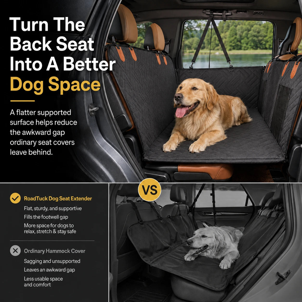 RoadTuck SeatSpan compared side by side against an ordinary sagging hammock cover