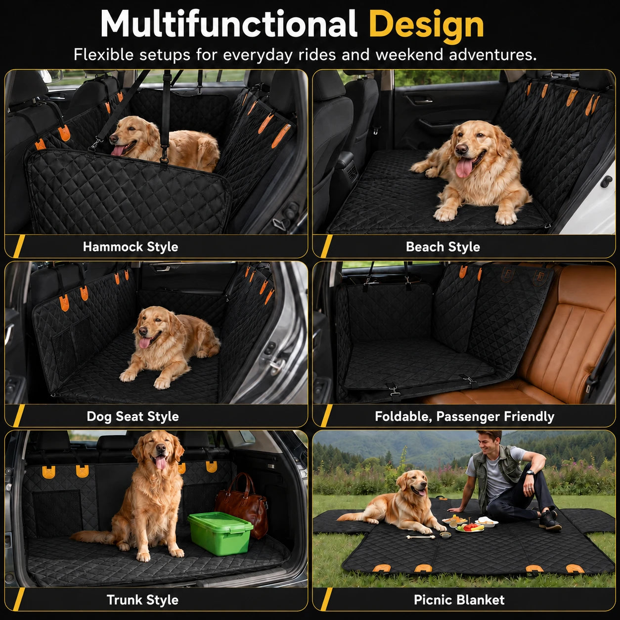 Six ways to configure SeatSpan: hammock, beach, dog seat, foldable, trunk, and picnic blanket styles